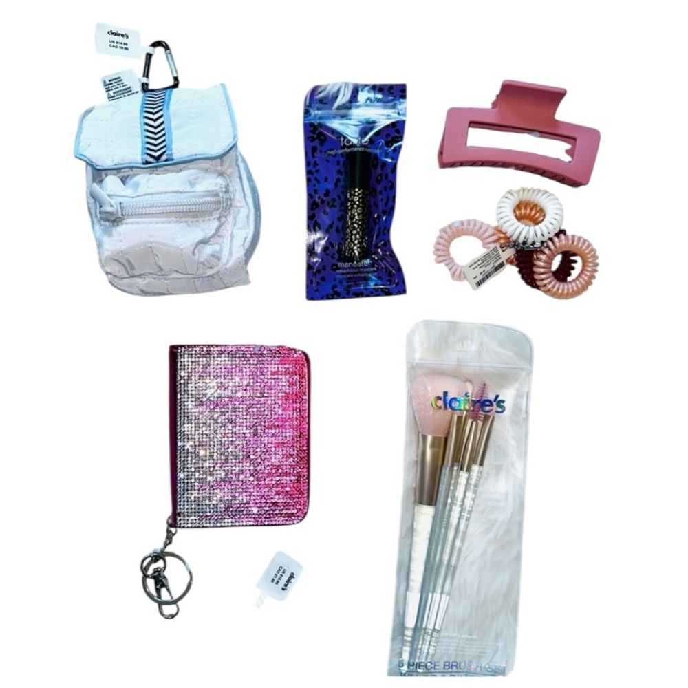 6 Piece Set: Hair Clip, keychain, Tarte, card wallet, beauty Bundle accessories